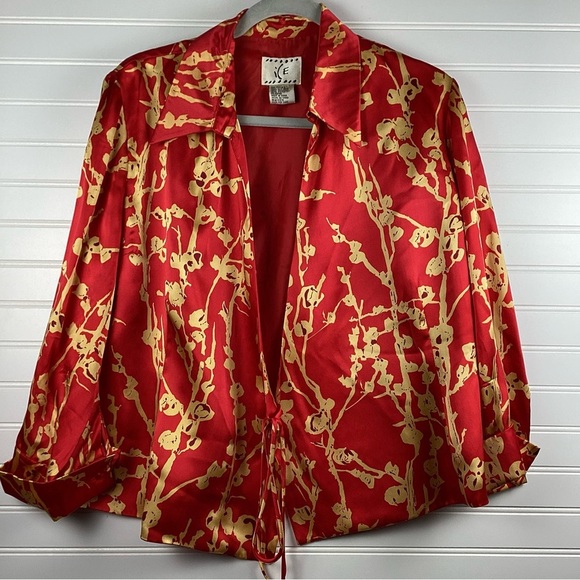 ICE Red 100%Silk Open cardigan jacket with Tie in Front  Size Large red& Gold - Picture 1 of 7